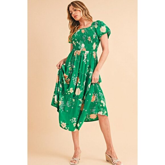 Green Floral Smocked Puff Sleeve Midi Dress For Women - Picture 7 of 12